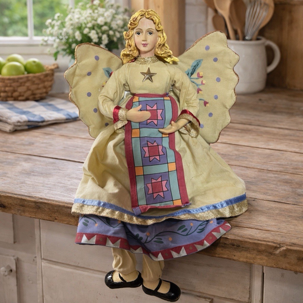 Vintage Farmhouse Angel Shelf Sitter Doll – Resin Fabric – 13” – Country Decor