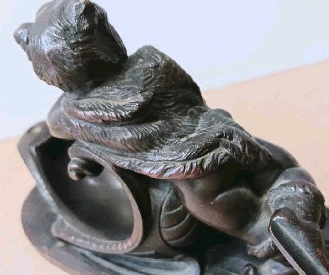 Antique Circa 1880s Bronze Figure, Putti Wearing Pelt & Ice SkatesOn A Sled OOAK