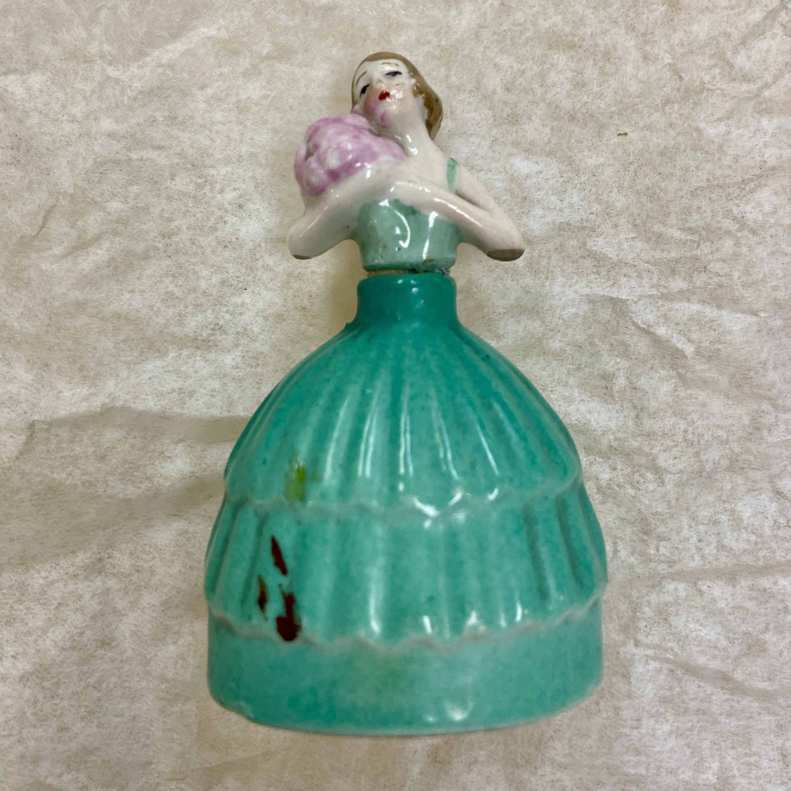 1910 1920 Porcelain German Woman Perfume Bottle Antique Trinket Teal Blue Green