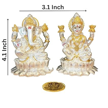 Svashva Silver Matte Lakshmi Ganesh Idol with Gold Coin, 4.1 Inch