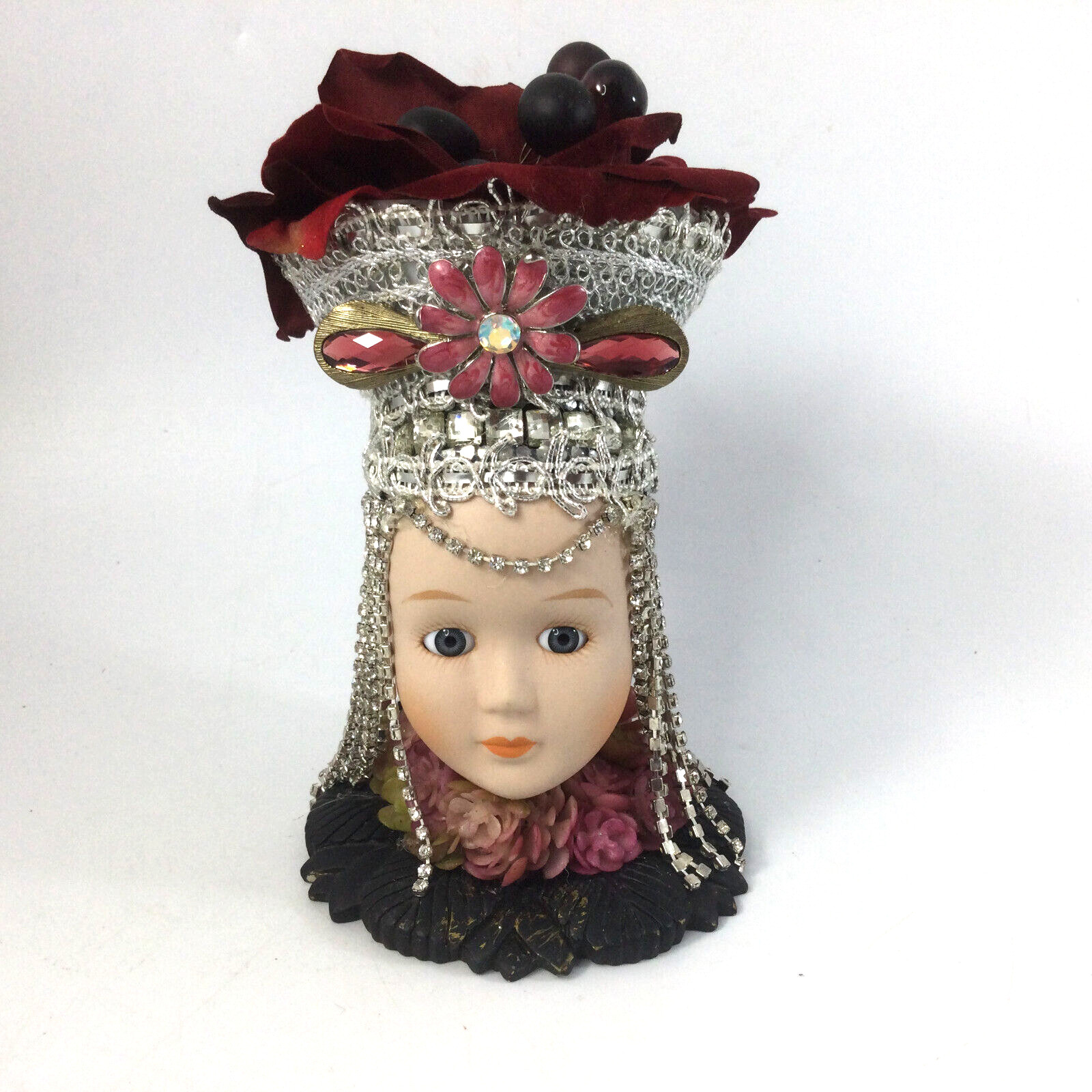 Art Doll Assemblage Figurine Porcelain Fabric Silver Pink Flowers 6″ H Handmade