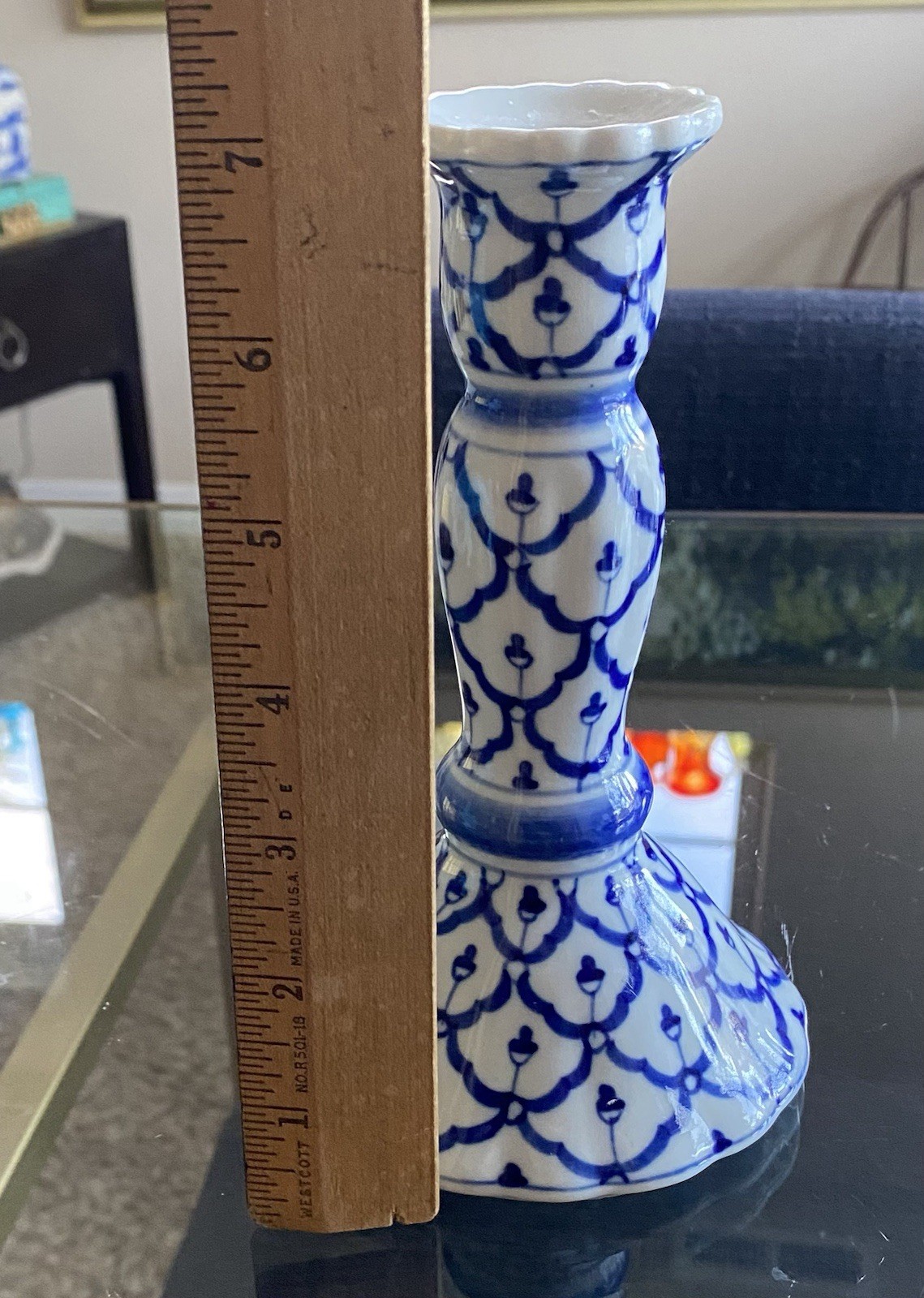 VTG Andrea by Sadek Blue White chinoiserie Porcelain Candlestick 7”