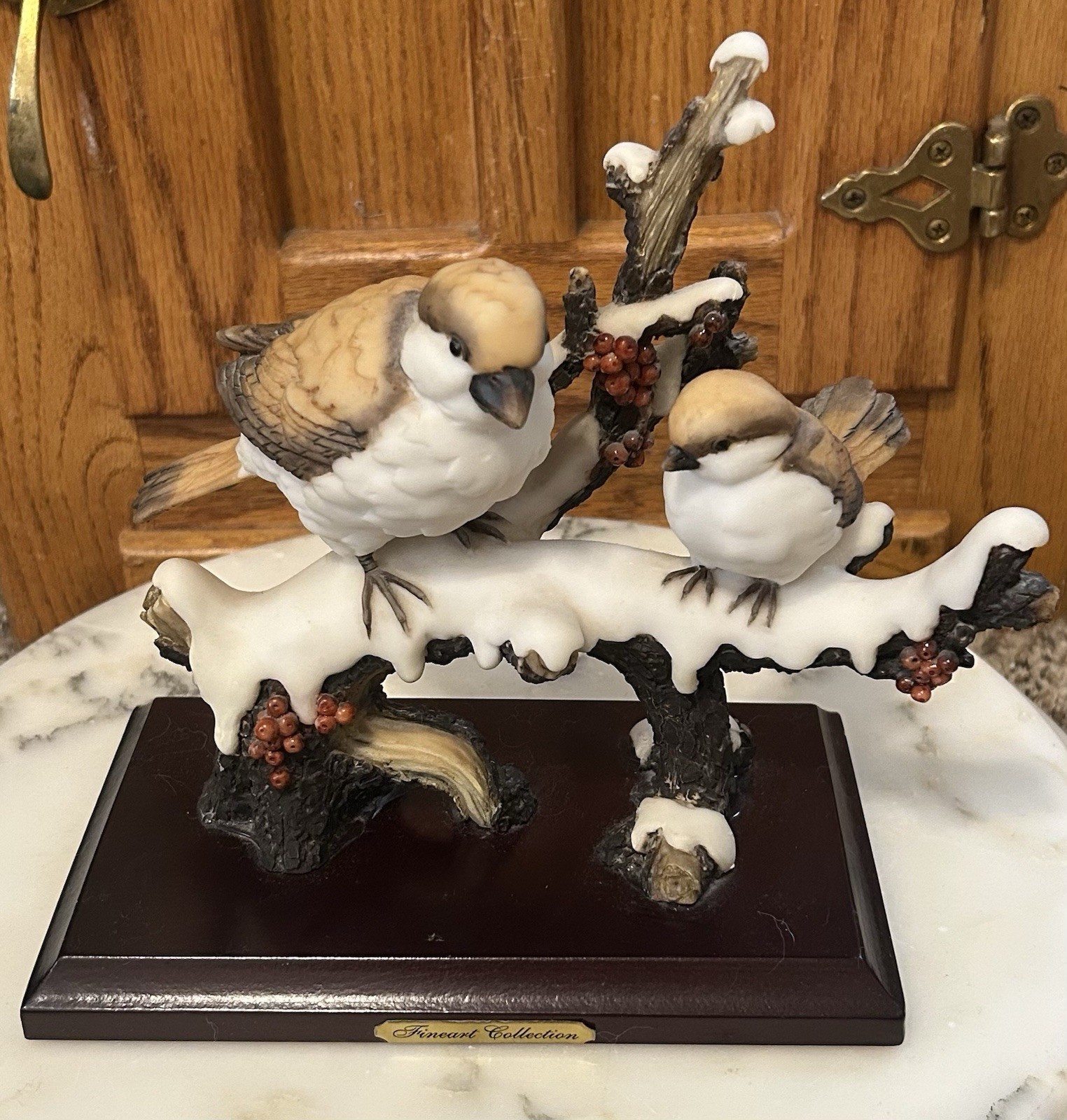 Vintage Fineart Collection Sculpture Snowy Winter Scene Mom And Baby Sparrows