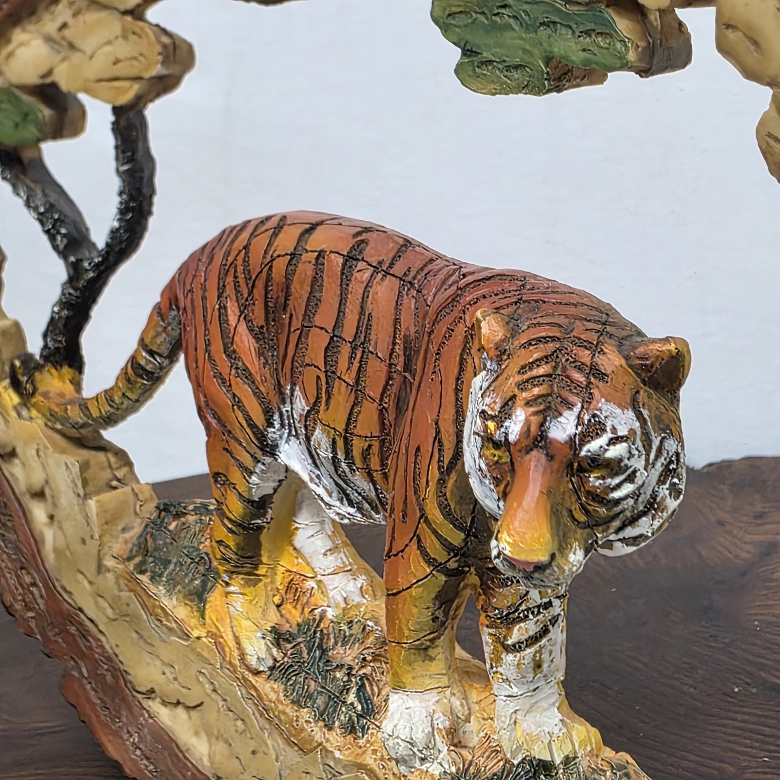 Vintage Faux Wood Resin Lion Tiger Jungle Animal Figurines Set Safari Decor