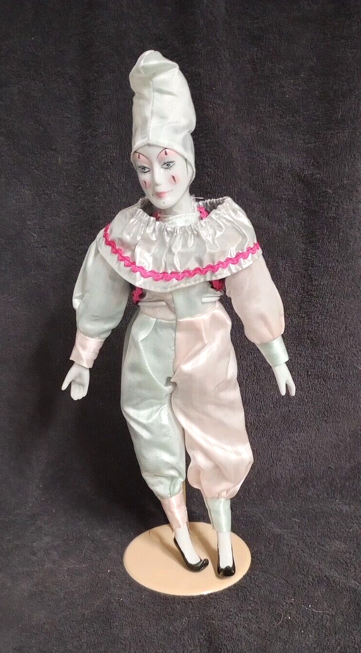 Vintage Harlequin Jester Porcelain Clown Pink & Sea Green Mardi Gras 16″