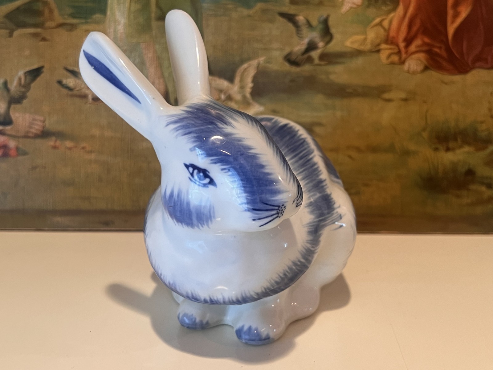 VTG LARGE EASTER/SPRING BUNNY FIGURINE- BLUE & WHITE PAINT GLAZED PORCELAIN