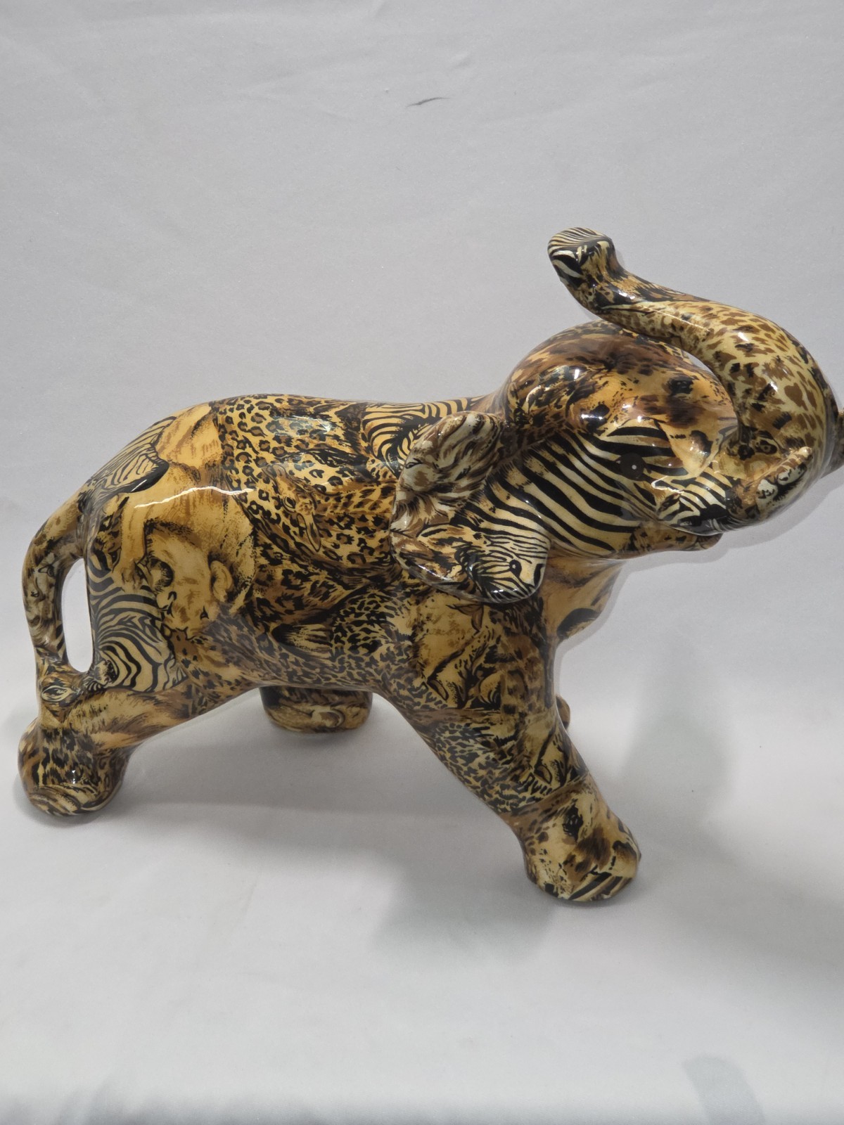 Vintage Safari Elephant Figurine Resin Faux Tortoiseshell Patt & Animal Print