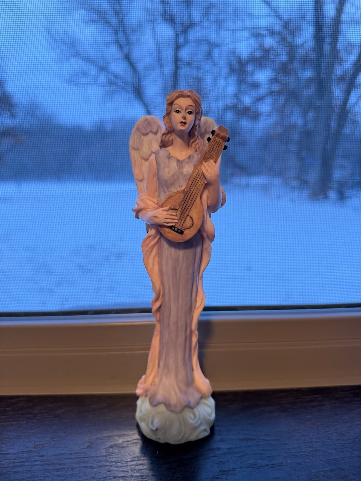 Vintage Resin ANGEL WITH LUTE Lavender Gown Red Shawl 9″ FIGURINE