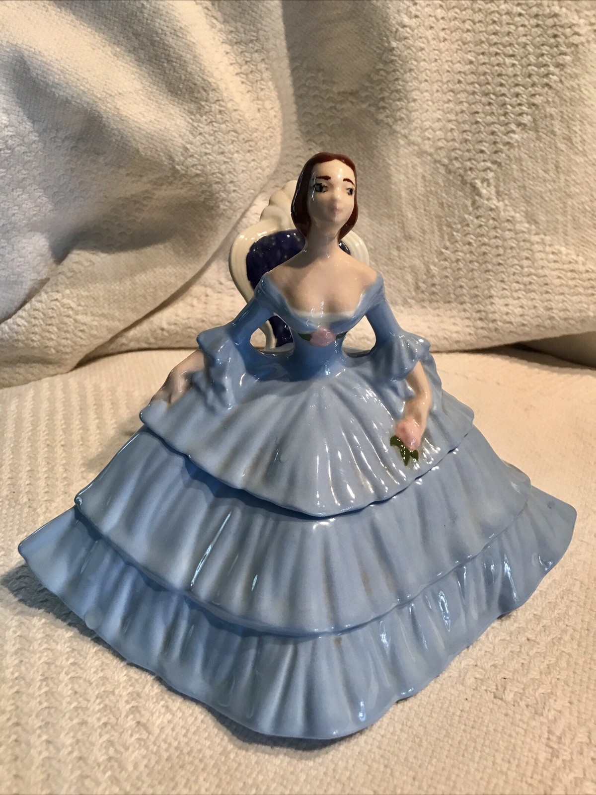 Vtg Porcelain Victorian Lady Figurine Blue White Hand Painted Tureen PK SIGNED