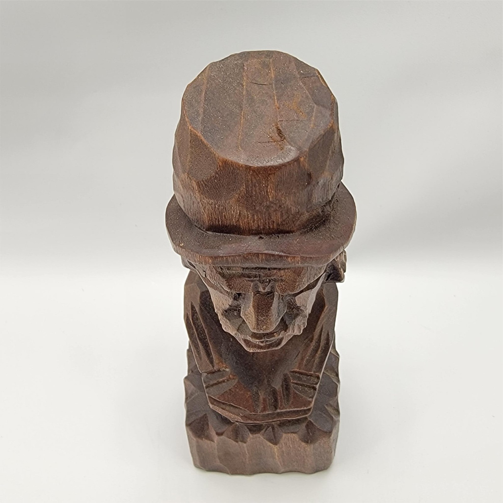 Hand Carved Wood Old Man Hat Bust Mini Figurine Statue Medium Brown 5.5″