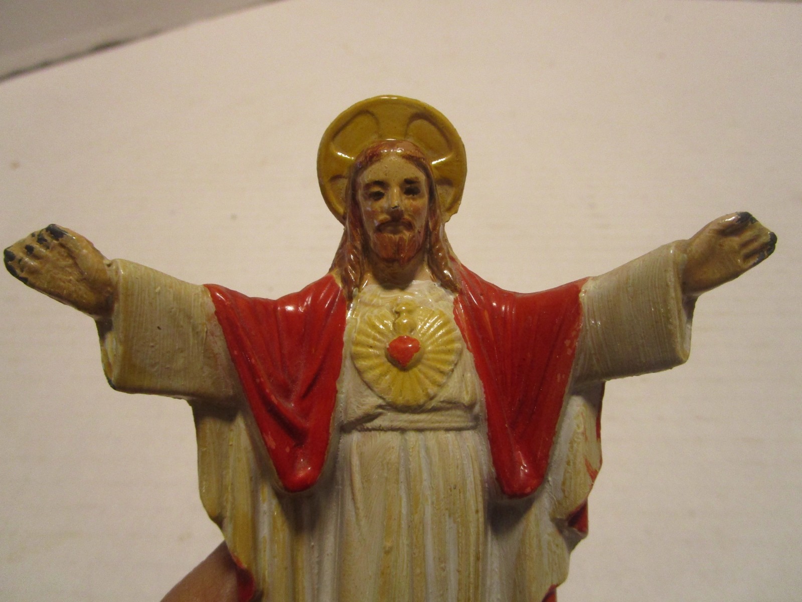 Antique Cast Spelter Metal JESUS Sacred Heart Figurine open arms 5.5” t 1900s