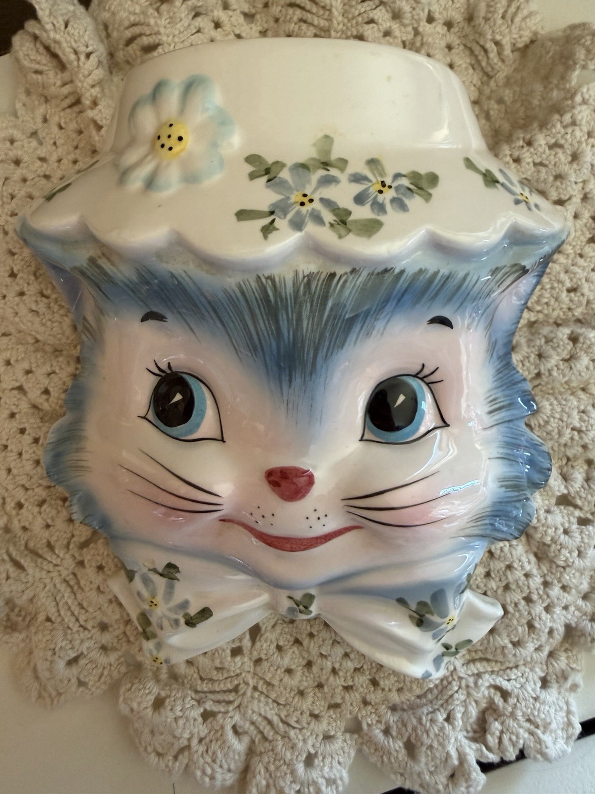 1950’s Kitsch/Vintage Lefton Miss Priss Anthropomorphic Blue Cat Wall Pocket