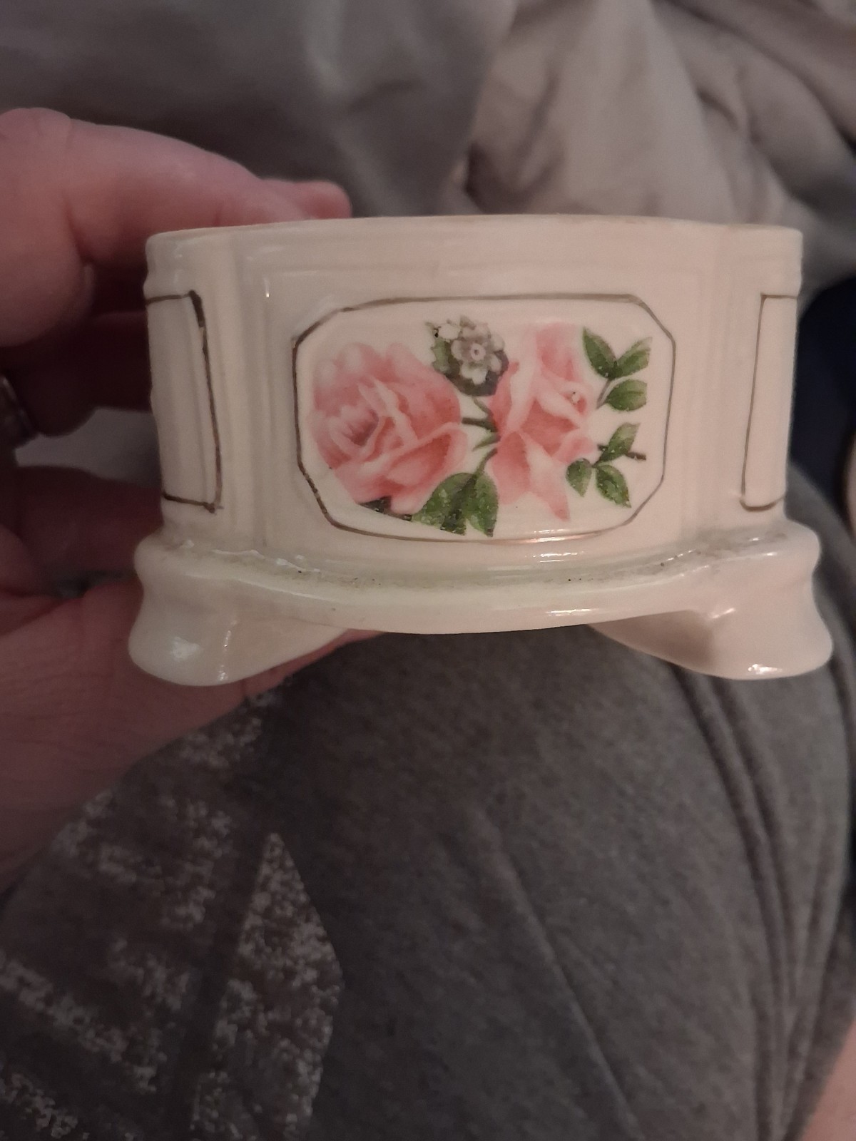 Vintage Porcelain Hand-painted Footed Trinket Box