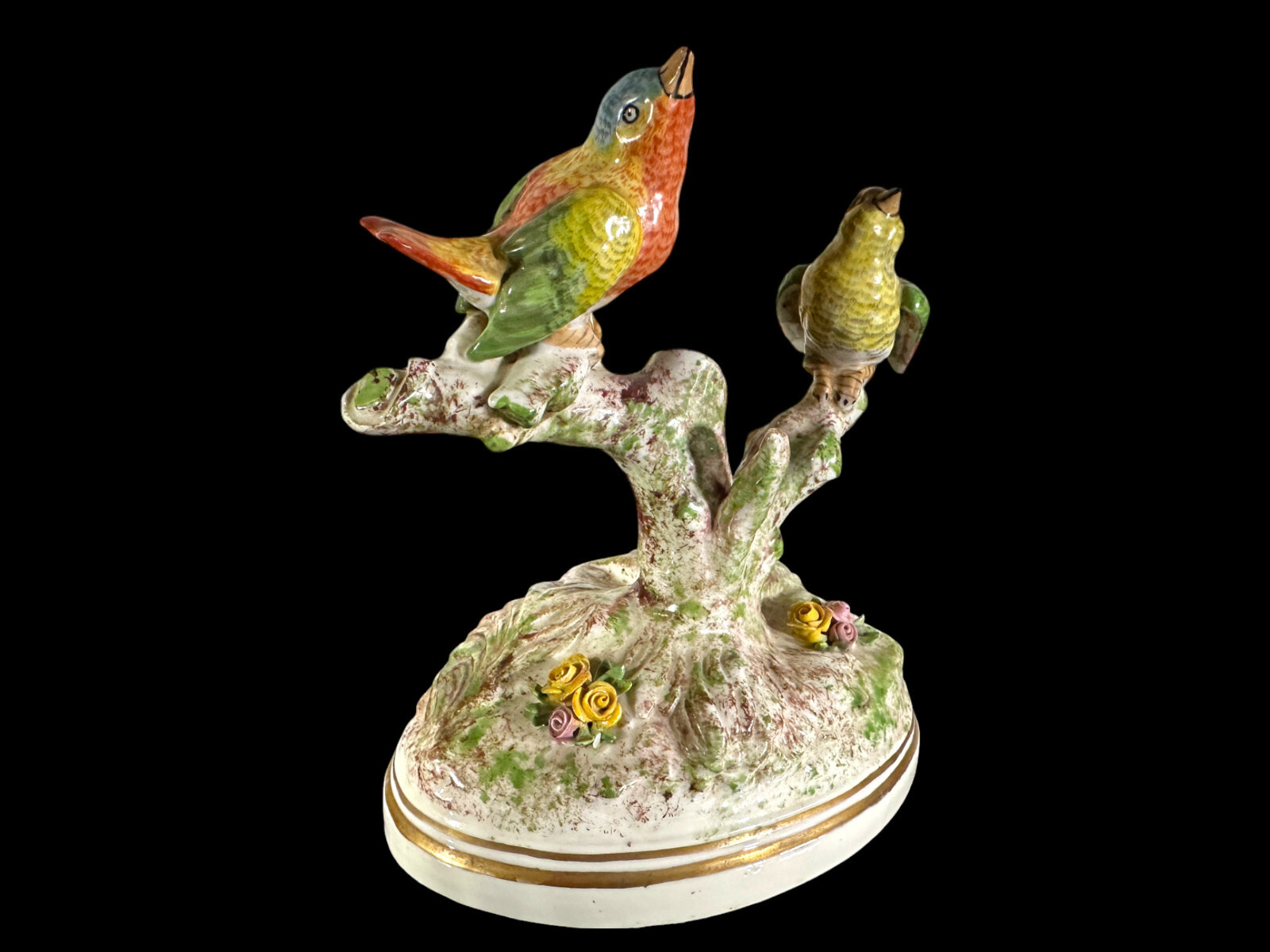 Pair of Porcelain Finch Birds on Branches, France, Early 20th Century