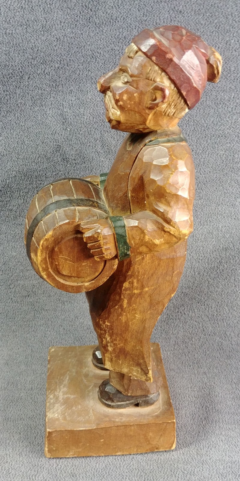 Unknown Beer? Barrel Hand Carved German? Wood Sculpture Art Apron Mustache 8.5″