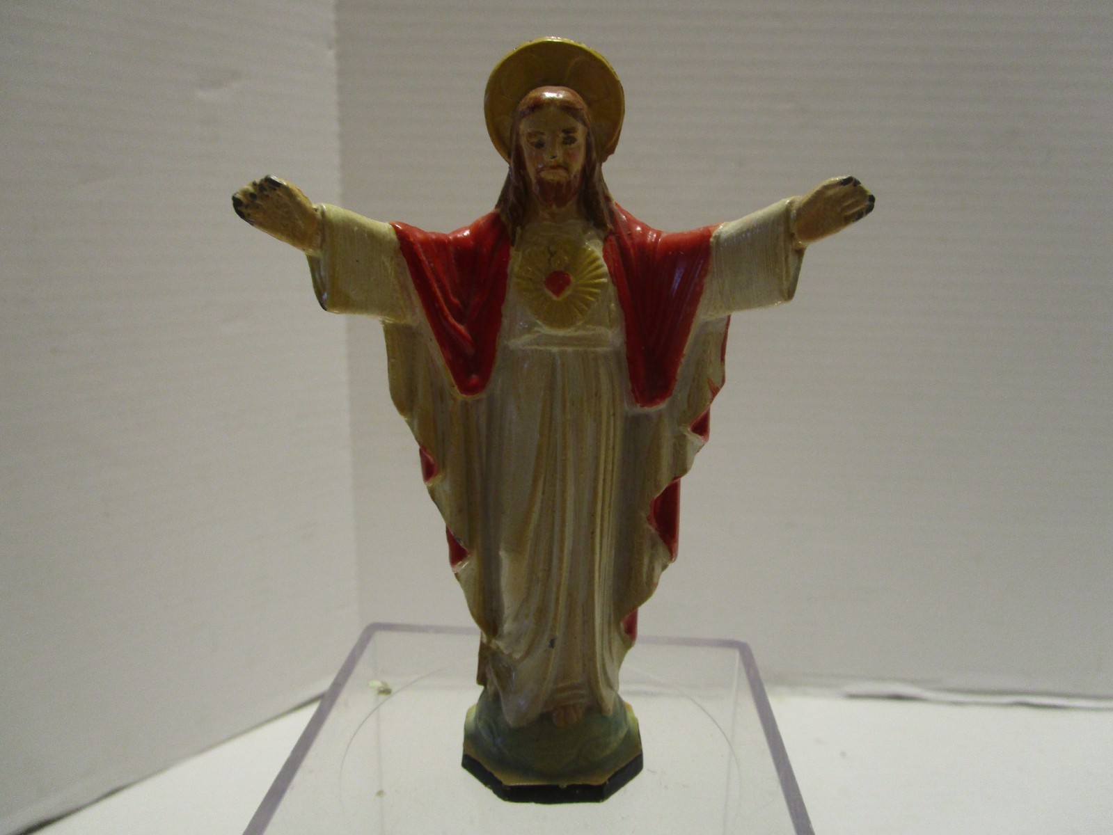 Antique Cast Spelter Metal JESUS Sacred Heart Figurine open arms 5.5” t 1900s