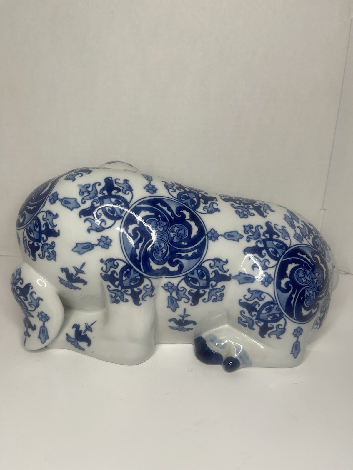 Vintage Chinoiserie Blue & White Porcelain Pig Figurine | Elegant | Decorative
