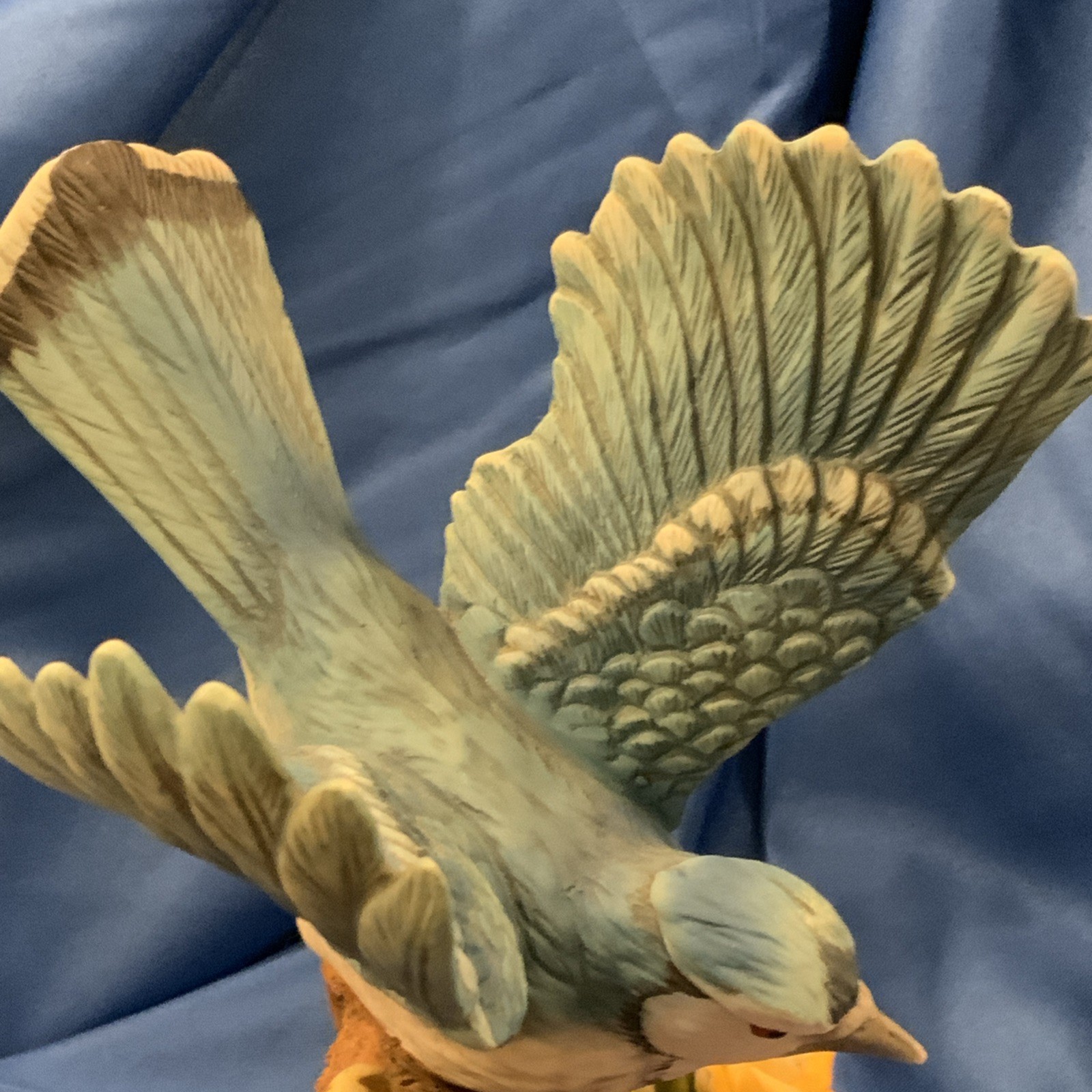 Porcelain Blue Jay Branch Yellow Flower Figure 7.5” Birding Bird Watcher Vintage