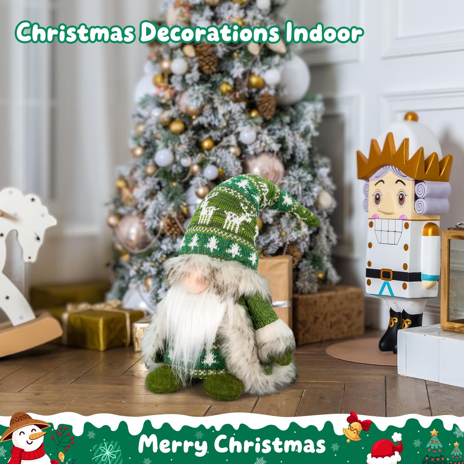 Gnome Christmas Decorations – Plush Nordic Figurine with Green Reindeer Knit …