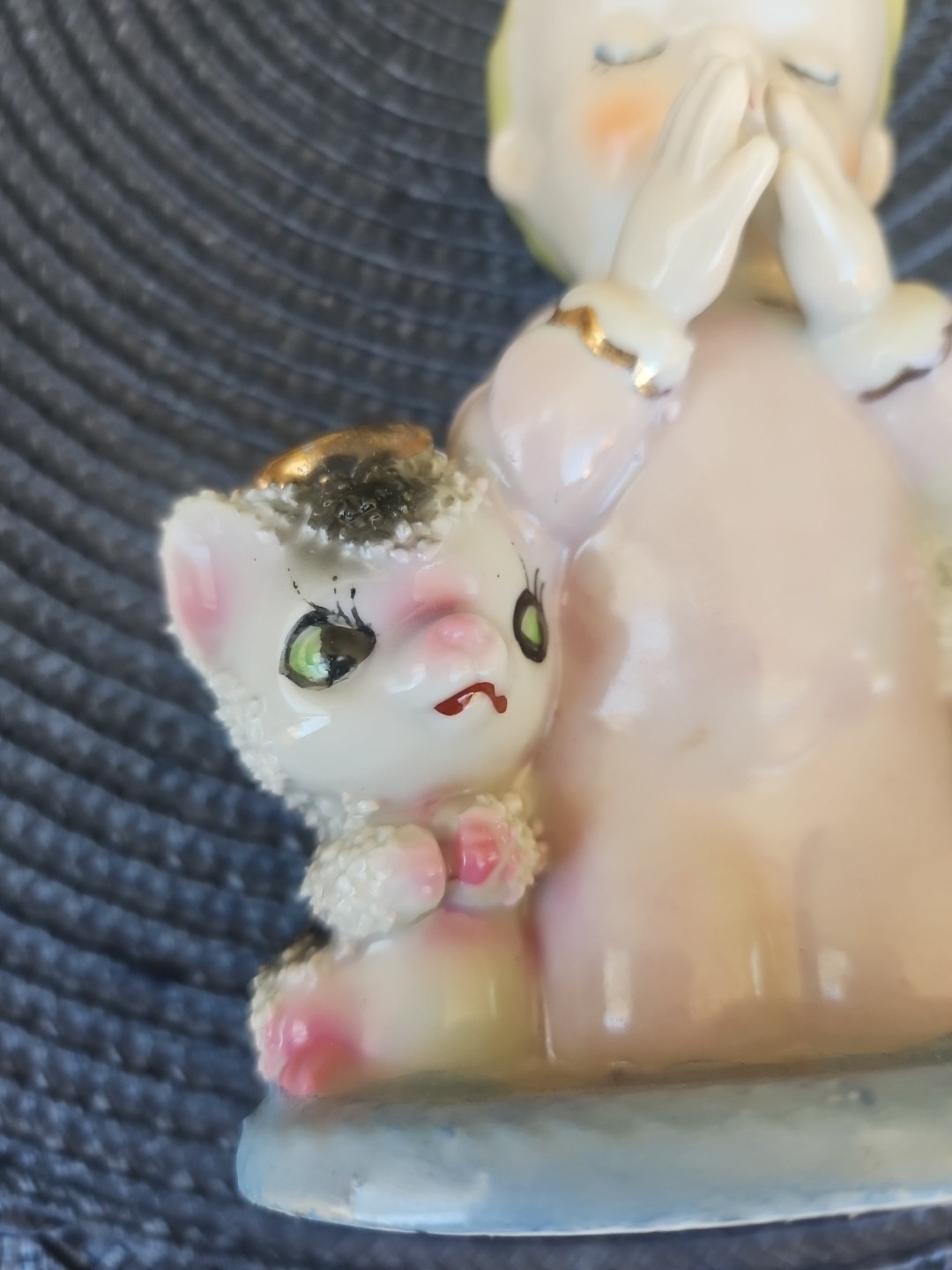 Sweet Girl & Her Puppy & Kitty Wearing Halos Praying Mid Century