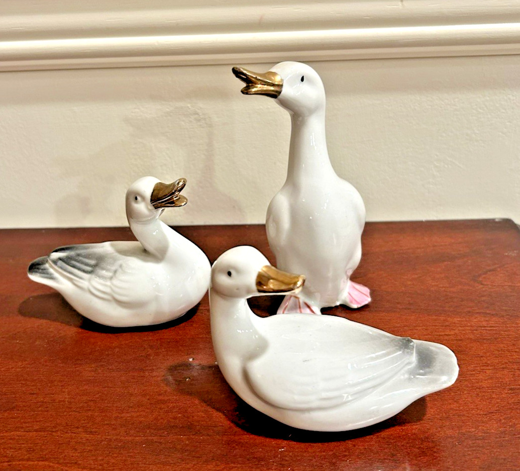Set Of 3 Porcelain White Ducks with Gold Beaks & Black Accent Feathers-Vintage