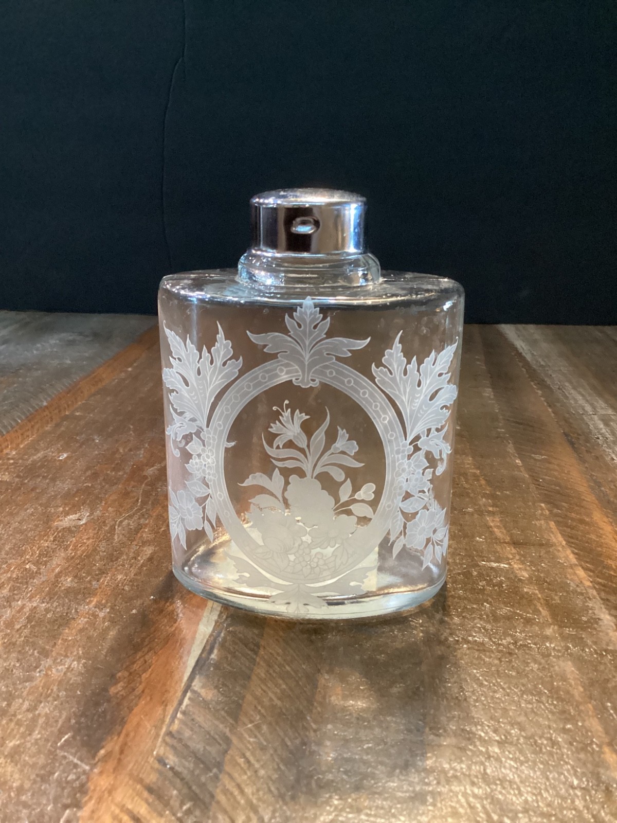 Vintage shafford Etched Glass Vanity Bottle silver top Portugal 4”