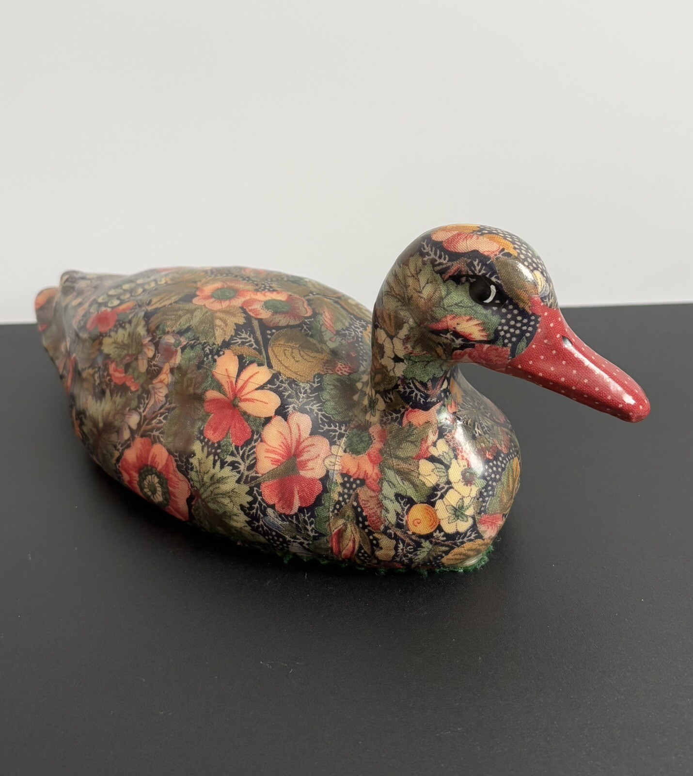 VTG Floral Patchwork Decoupage Wooden Duck Decoy Figurine With Red Bill