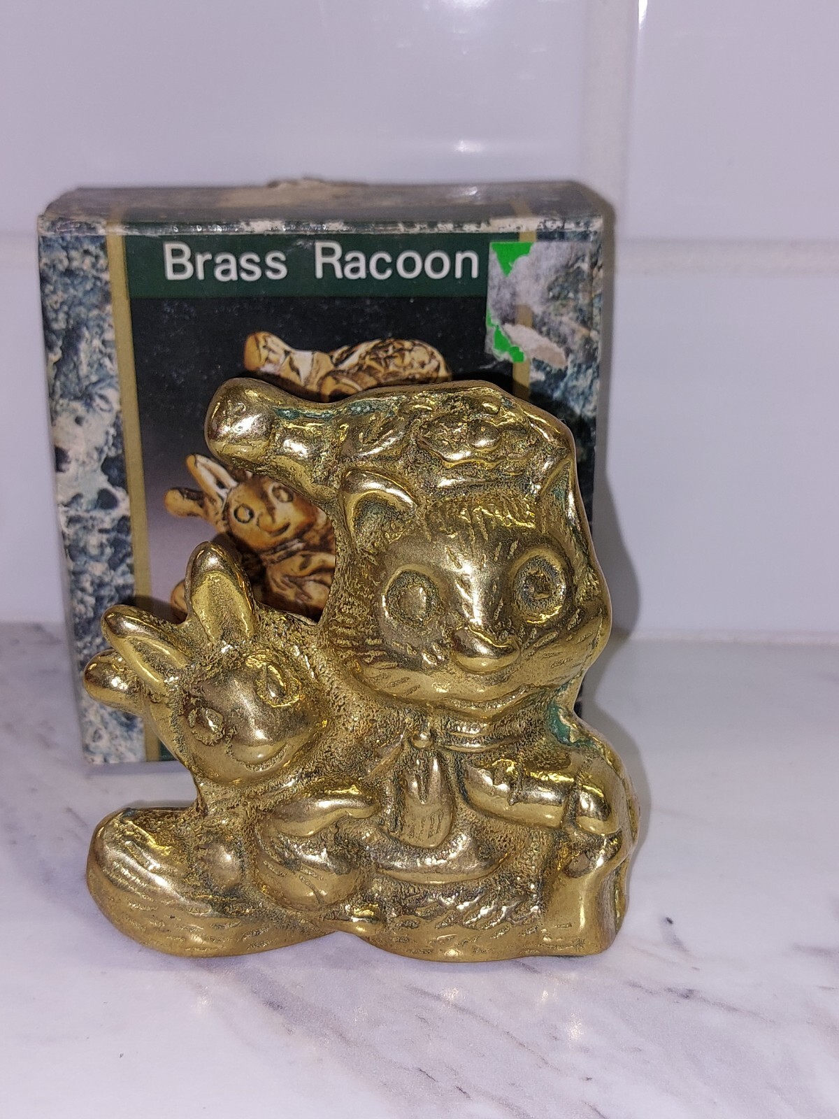 Brass Raccoon And Rabbit Figurine Small Statue See Pictures