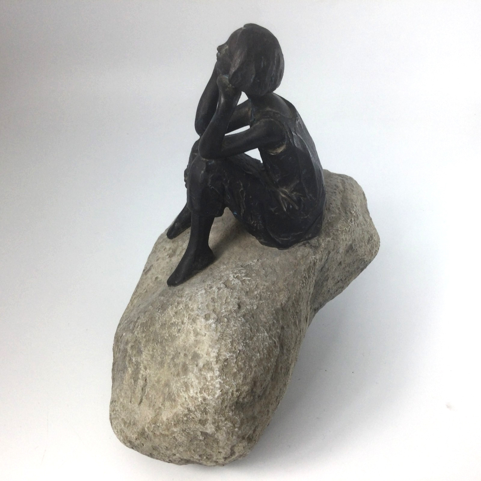 Resin Sculpture Figurine Sitting Women on a Stone Brown Gray 8″ H