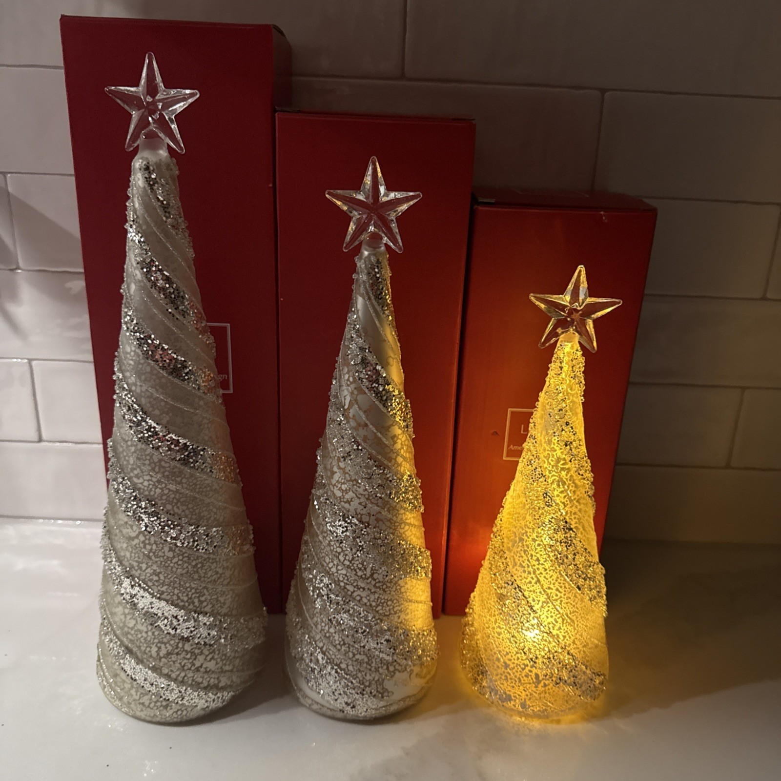 Lenox Lot of 3 Silver/White Lighted Mercury Glass Tree Figurines 9.5,11 & 12.5”