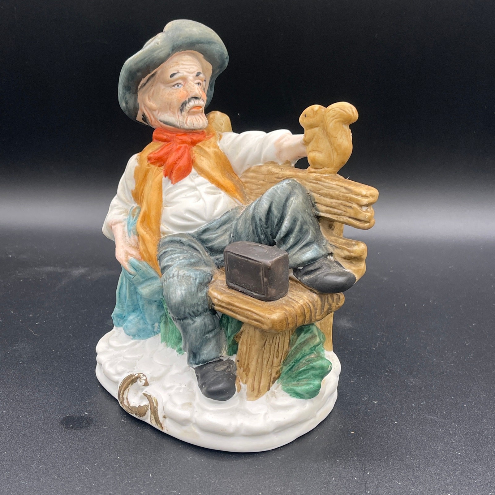 Vintage Capodimonte Styile Figurine Old Man on Bench Feeding Squirrel