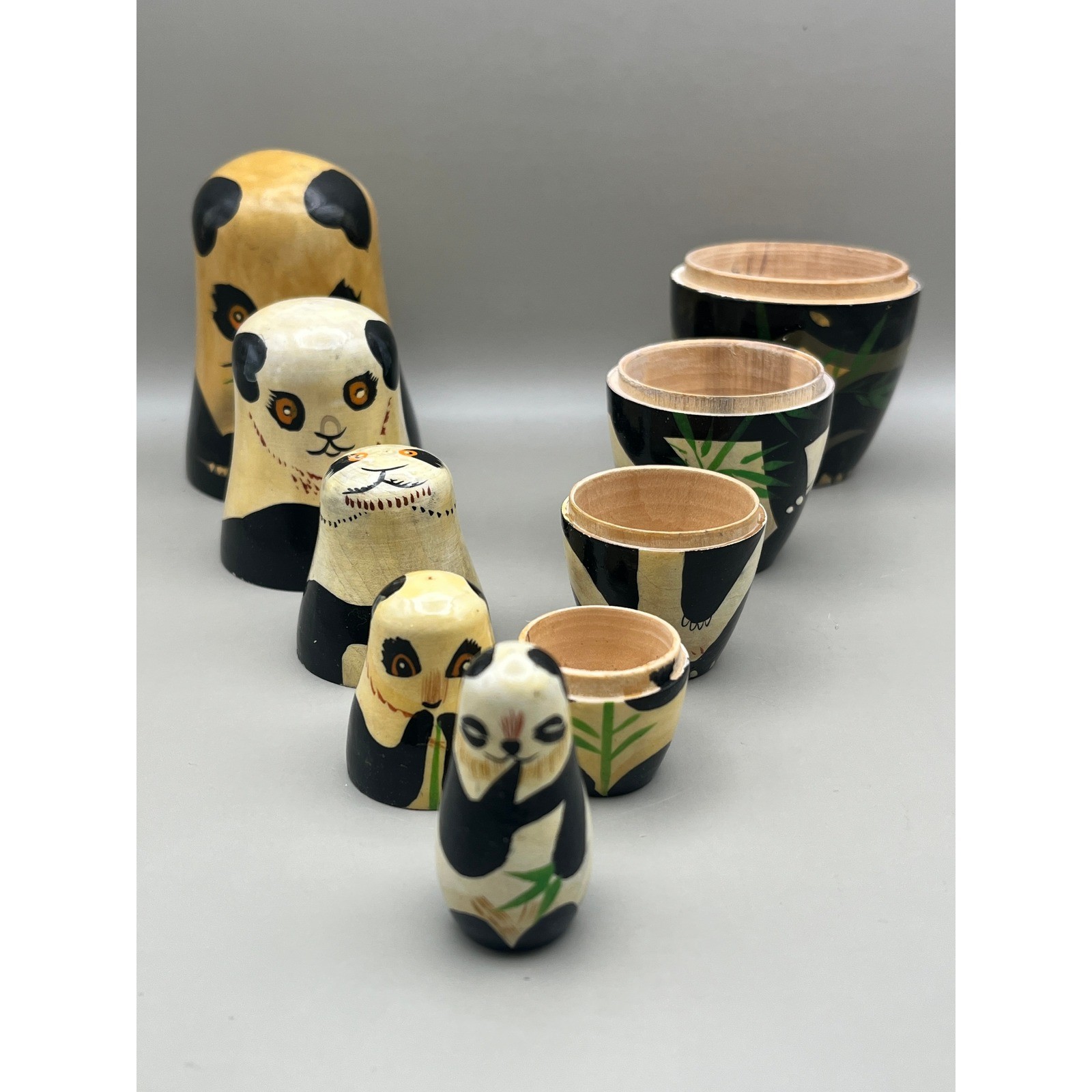 Vtg Panda Bear Wooden Nesting Dolls Matryoshka Set 5 Piece Hand Painted 5.5″