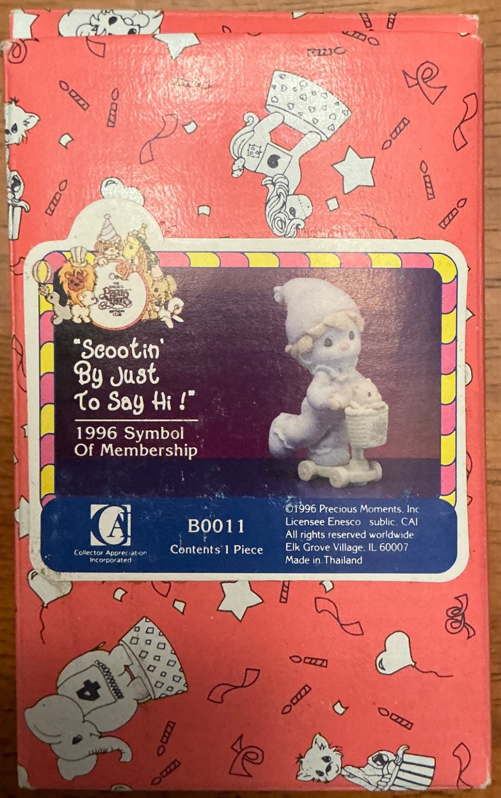 1996 Precious Moments Figurine Scootin’ Buy Justin To Say Hi B0011 BOX TAGS