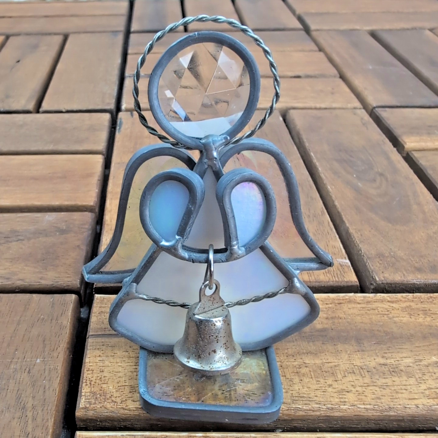 Stained Glass White And Silver Trim Angel Figurine with Bell Sun Catcher 3 1/2″