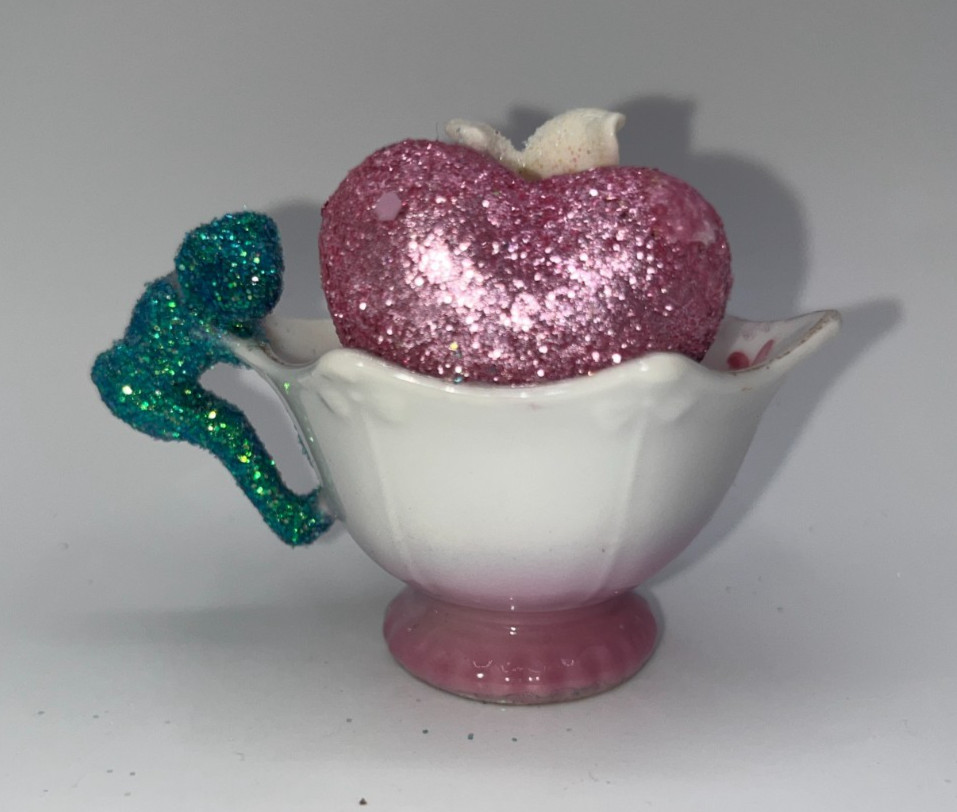 Vintage Valentine’s Day Miniature Bunny in Teacup w/ Pixie & Glitter Heart OOAK