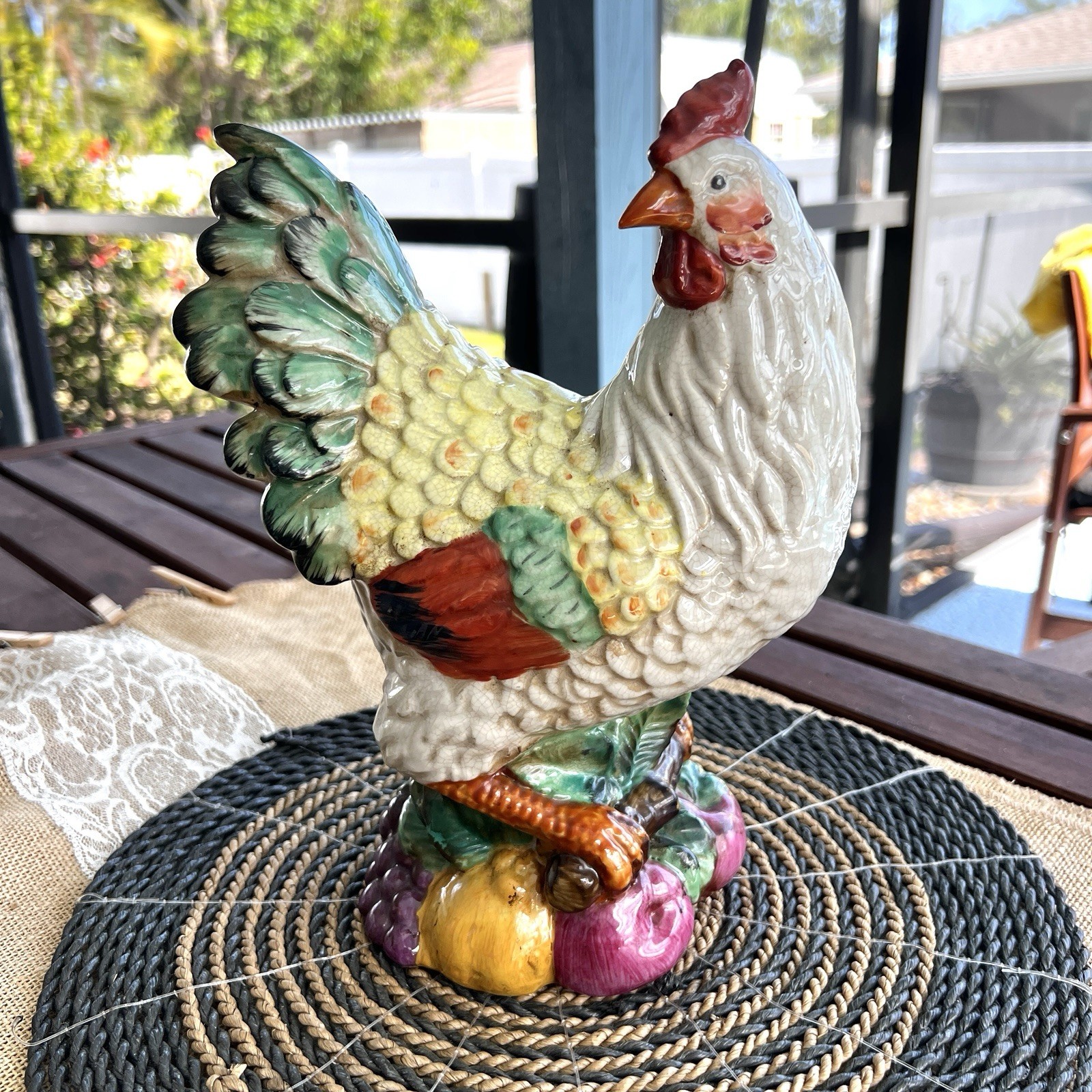 Ceramic Hen Figurine Green Feathers W/ Grapes Fruit 11′ 1950’s Chicken