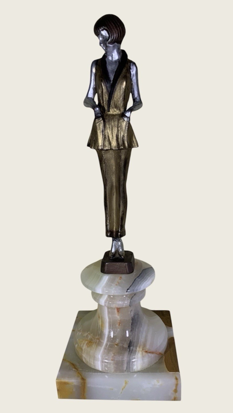 Art Deco Pajama Girl Hands In Pockets Bronze signed Lorenzl