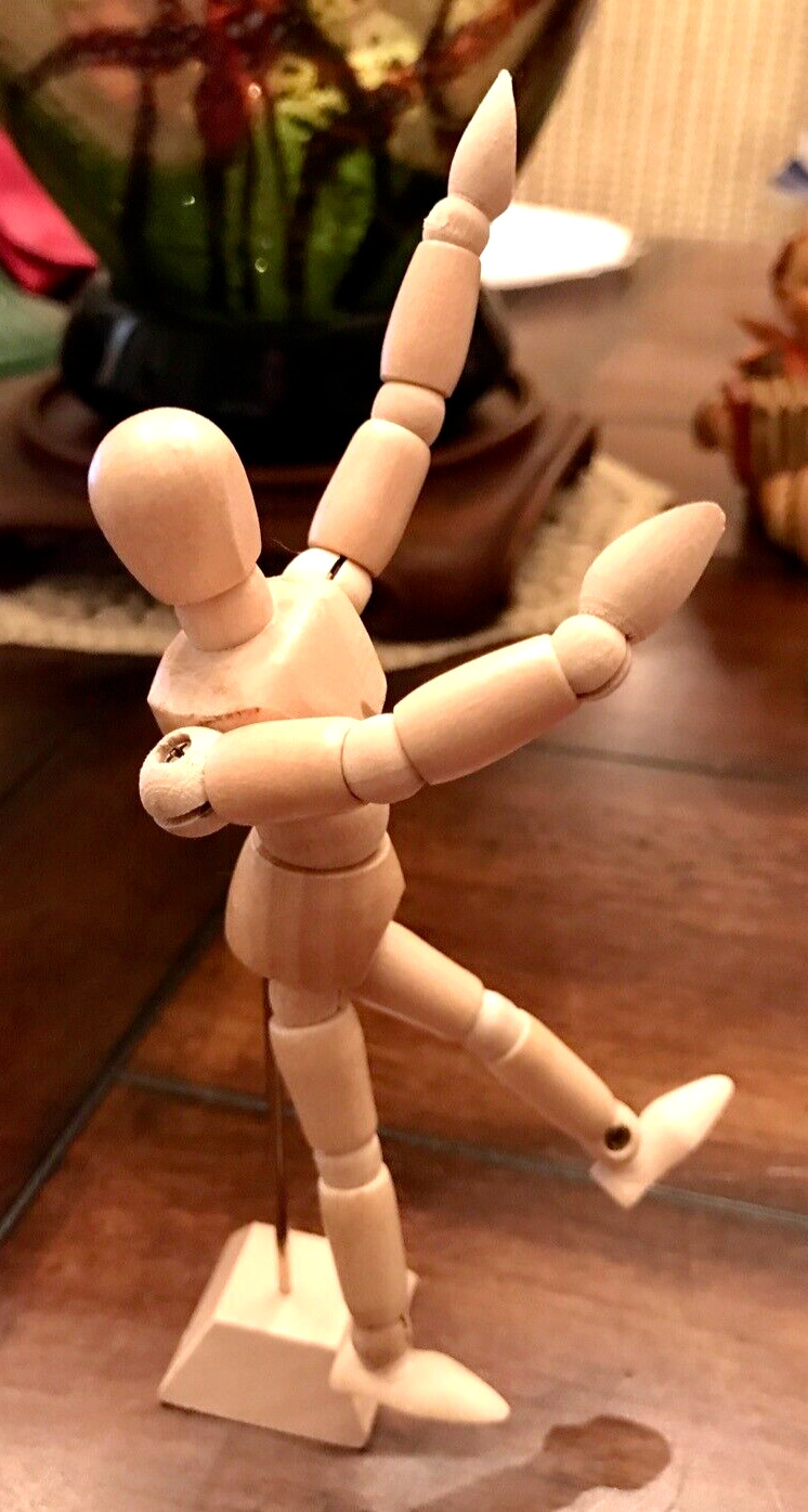 Wooden Articulated Posable Man Figure On Stand 5-3/8″