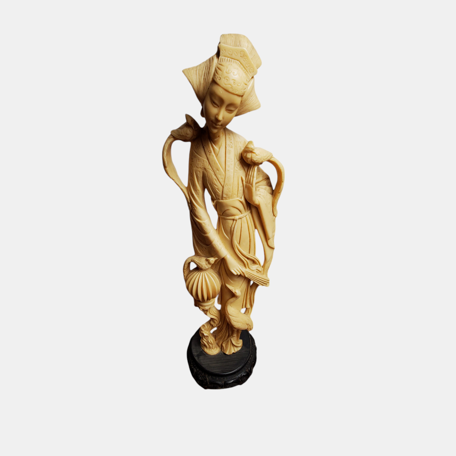A. Santini Figurine Slender Asian Woman w/ Birds Amazing Details 20in Alabaster