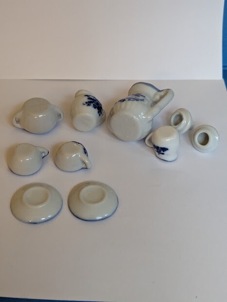 Miniature Porcelain Blue and White Windmill Floral Tea Set 10 Pcs