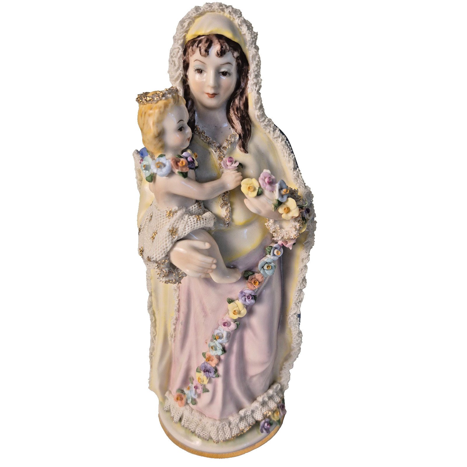 Vtg MZ Irish Dresden Madonna of the Roses Ireland Mary Baby Jesus Figurine