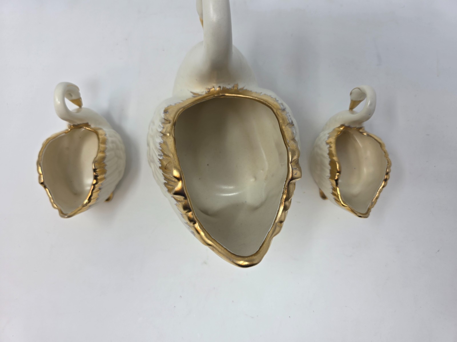 Vintage 3 Pc White Ceramic Swan Planter Set 24 KT Gold Trim Made In USA