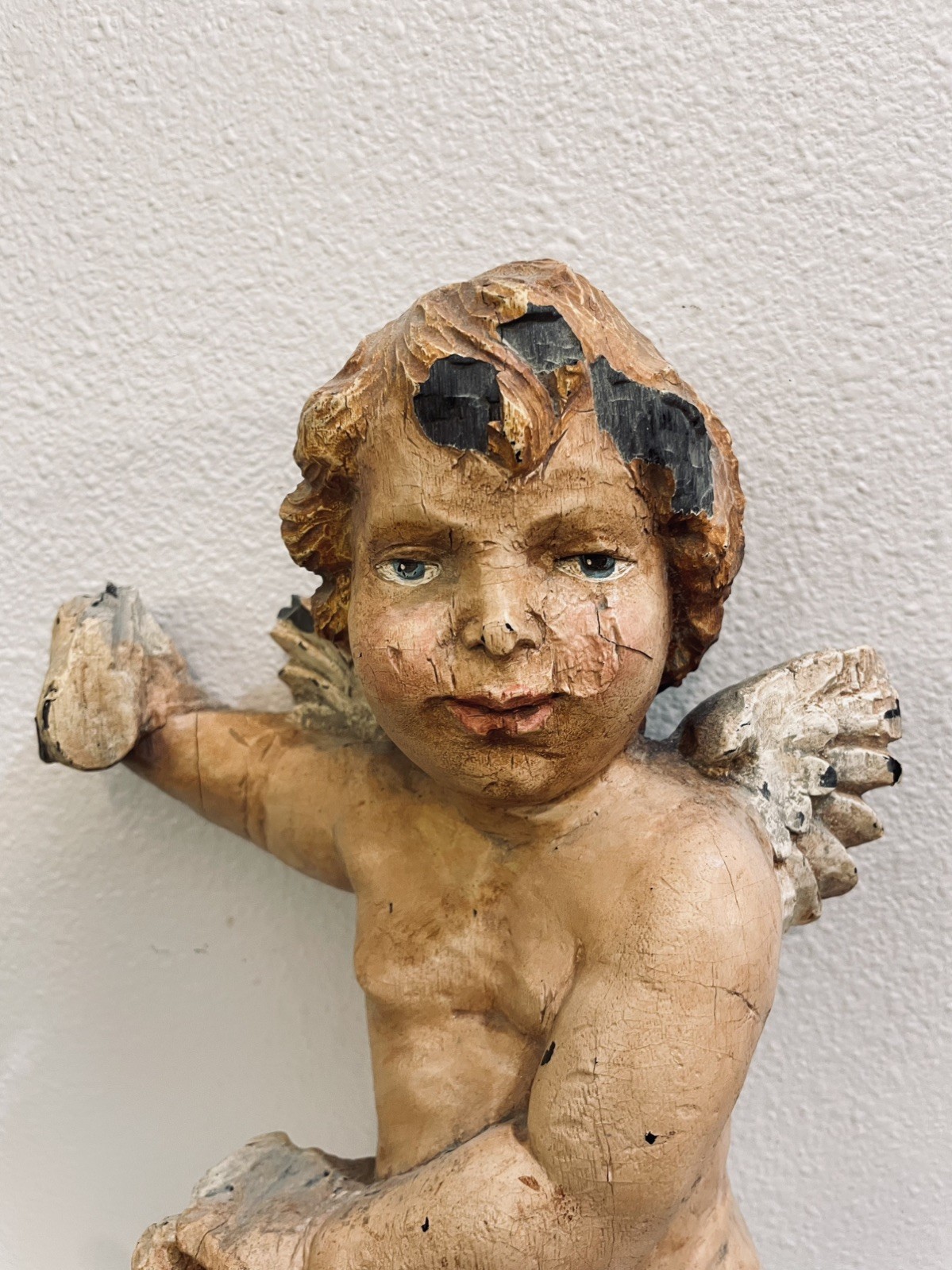 ANTIQUE ITALIAN BAROQUE STYLE CARVED WOOD CHERUB PUTTO LIKELY FROM 19THc