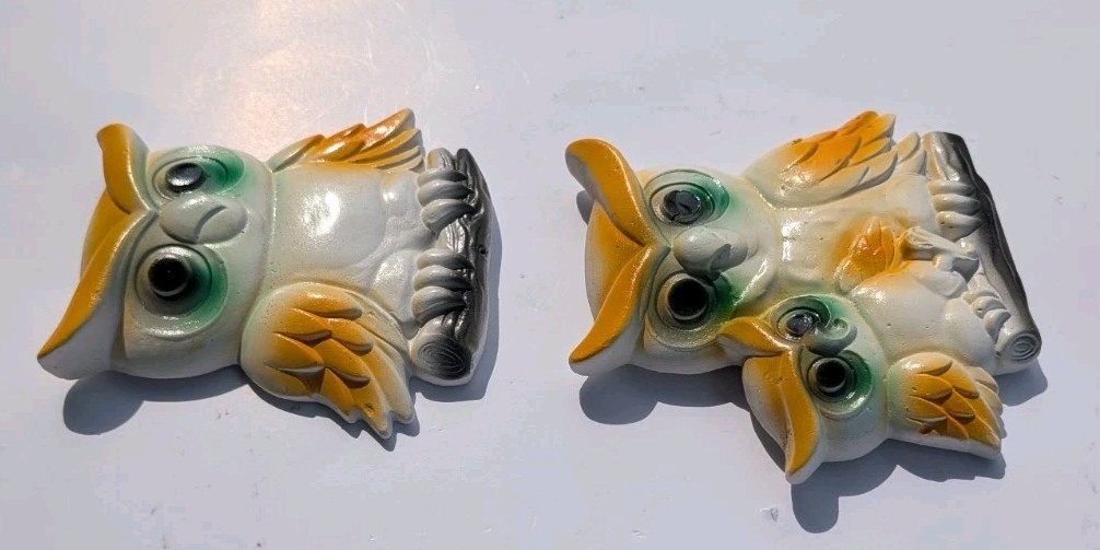 Vtg 1977 Miller Studio 2 Chalkware Owls Wall Hangers Cottage Farmhouse White 5″