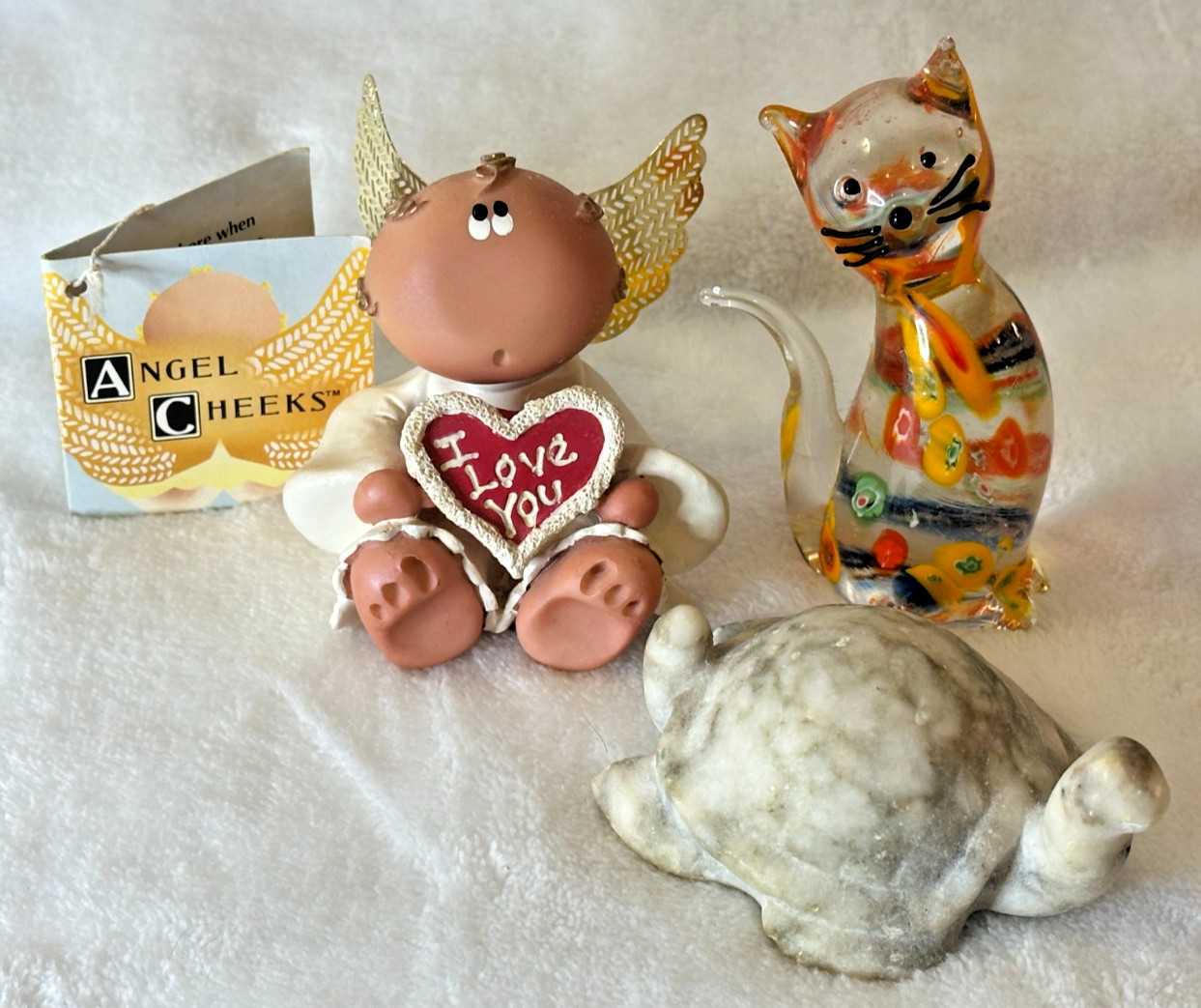 Set of 3 Miniatures – Ceramic Angel Cheeks, Glass Colorful Cat, Marble Turtle