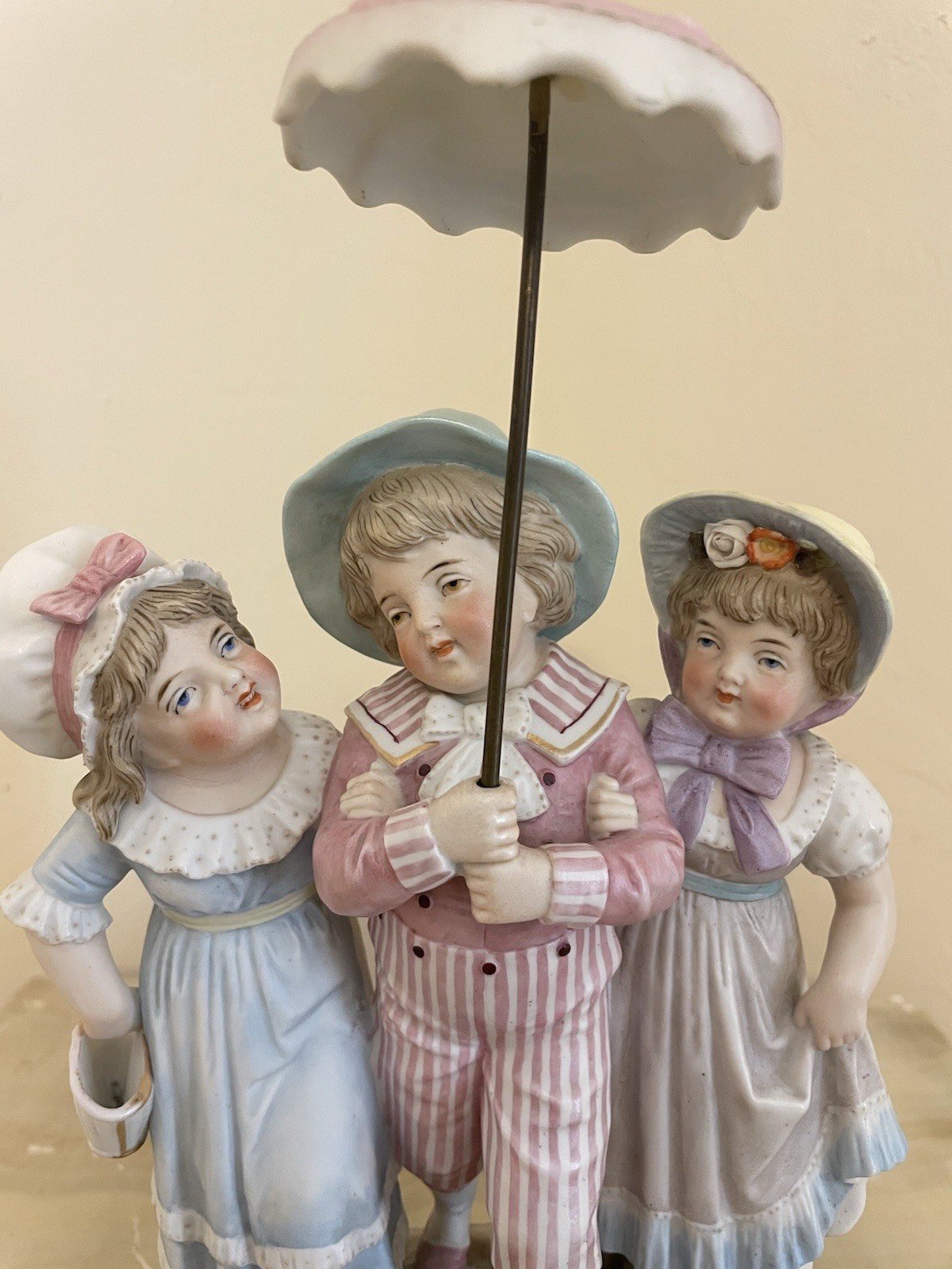 Antique German Bisque Figurine Three Children Under Parasol Heubach Style