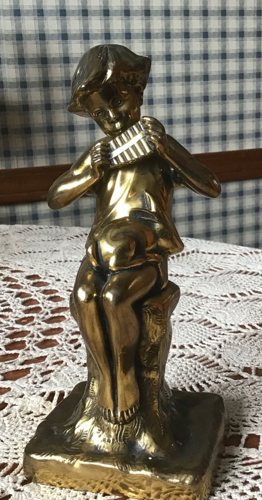 ANTIQUE JENNINGS BROTHERS BRASS FIGURINE BOY W/ RABBIT PLAYING PAN FLUTE JB1696