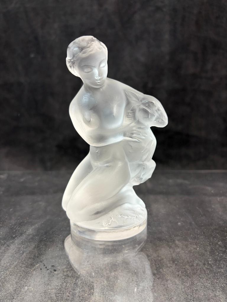 Lalique Nudes Diane With Ram Figurine Frosted Art Glass from France 4.75 Inches