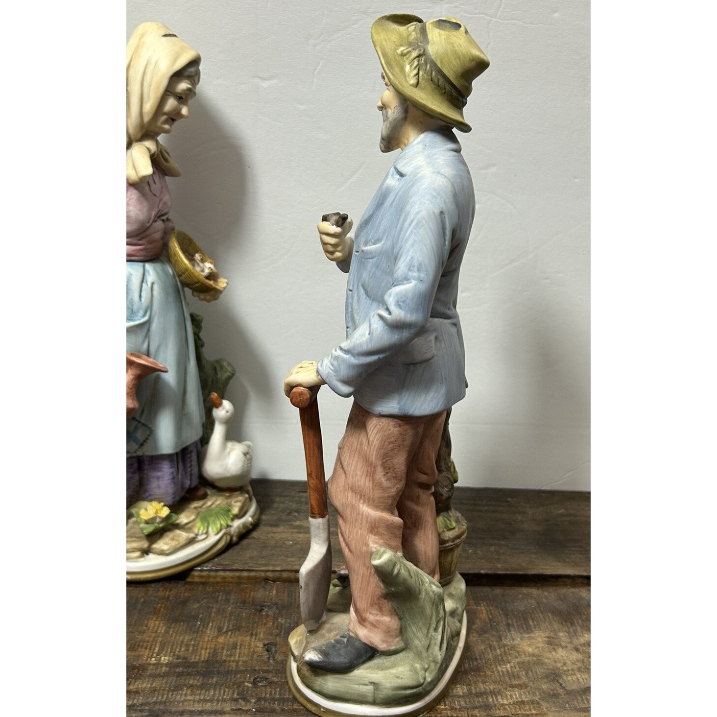 Vintage Homco Porcelain Farm Couple Figurines Man with Shovel Woman Goose Set 2