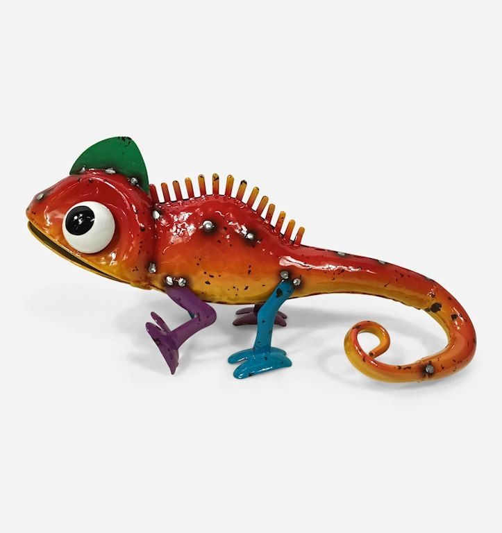 Chameleon Lizard Caricature Figurine Metal 32.5 cm long Orange Rainbow Hues